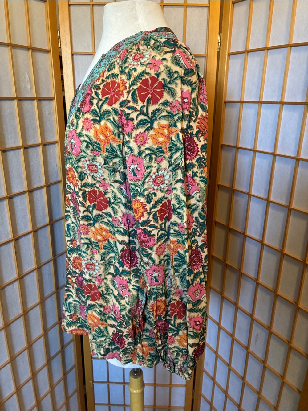 Natural Life Floral Boho V-Neck Tunic Top in Teal, Red, Pink & Mustard - Picture 3 of 4